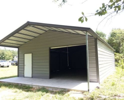 gray metal building with awning